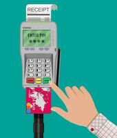 mano entra un alfiler código para un banco tarjeta en el pago pos Terminal. vector ilustración en plano estilo