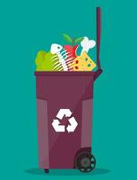 food waste garbage bin container full of junk food. salad, fishbone, bone, apple, cheese. vector illustration in flat style