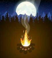 Meadow with campfire in night. Bonfire, mountains, trees, sky, moon and stars. Vector illustration in flat style