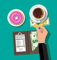 Folder with cash coins, cashier check. Coffee cup vector