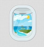 ventana desde dentro el avión. aeronave porta obturador. tropical isla con palma árbol en océano. aire viaje o vacaciones concepto. vector ilustración en plano estilo