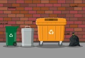 Can container, bag and bucket for garbage on street. Recycling and utilization equipment. Waste management. Vector illustration in flat style