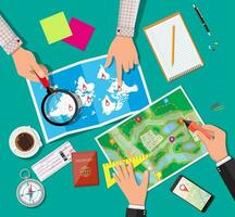 Table with paper map and compass. Marker and magnifying glass in hands. Passport, ticket. Smartphone, pen. Planning trip. Vector illustration in flat style.