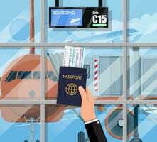 Waiting hall, departure lounge in passanger terminal of airport. Plane before takeoff. Hand with passport and ticket, terminal building. Cityscape. Vector illustration in flat style