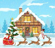 Suburban house covered snow. Building in holiday ornament. Christmas landscape tree, snowman, santa sleigh reindeers. New year decoration. Merry christmas holiday xmas celebration. Vector illustration