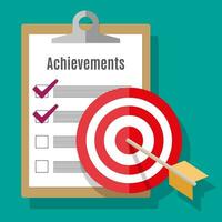 Clipboard with check boxes and darts target with arrow. Goal achievement concept. Vector illustration in flat design on green background