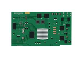 Electric circuit board with various chips and electronic components. Vector illustration in flat style