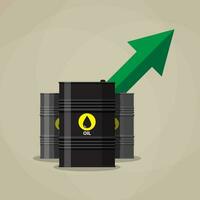 three oil barrel and green chart graph arrow pointing up. vector illustration in flat style on brown background