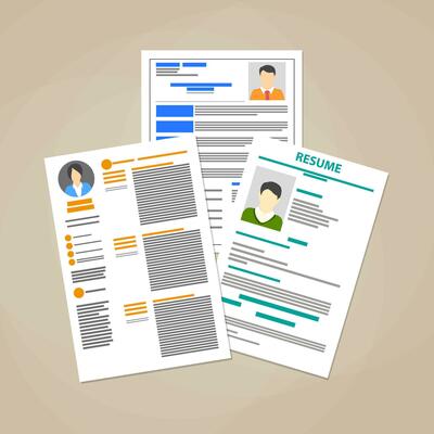 Human resources management concept, searching professional staff, analyzing resume papers, work. vector illustration in flat design on brown background