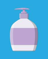 Bottle with liquid soap. Shower gel or shampoo. Plastic bottle with dispenser for cleaning products. Vector illustration in flat style