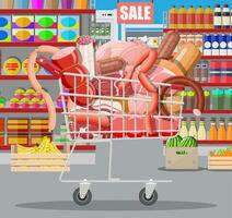 Meat products in supermarket cart. Meat store butcher shop showcase counter. Sausage slices product. Delicatessen gastronomic product of beef pork chicken salami. Vector illustration flat style