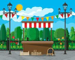 Traditional market empty wooden food stall with flags, crates chalk board. City park, street lamp and trees. Sky with clouds and sun. Leisure time in summer city park. Vector illustration flat style