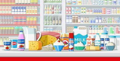 Milk counter in supermarket. Farmer shop or grocery store. Dairy products set collection of food. Milk cheese yogurt butter sour cream cottage cream farm products. Vector illustration flat style