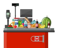 Supermarket store, retail groceries. Big shopping mall. Interior store inside. Checkout counter, cash machine, grocery, drinks, food, fruits and dairy products. Vector illustration in flat style