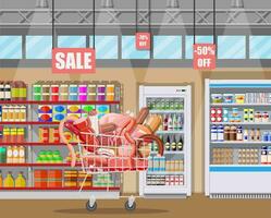 Meat products in supermarket cart. Meat store butcher shop showcase counter. Sausage slices product. Delicatessen gastronomic product of beef pork chicken salami. Vector illustration flat style