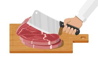 Meat steak chopped on wooden board with kitchen knife. Cutting board, butcher cleaver and piace of meat. Utensils, household cutlery. Cooking, domestic kitchenware. Vector illustration in flat style