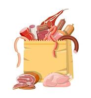 Shopping supermarket bag full of meat. Chop, sausages, bacon, ham. Marbled meat beef. Butcher shop, steakhouse, farm organic products. Grocery food. Pork fresh steak. Vector illustration flat style