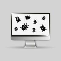 Computer and black virus bugs on screen, desktop pc is infected by malware, vector illustration on grey background