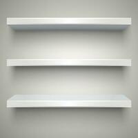 Three empty white plastic shelves with shadows on grey light background. vector illustration