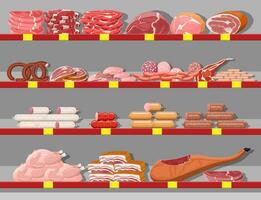 Meat products in supermarket shelf. Meat store butcher shop showcase counter. Sausage slices product. Delicatessen gastronomic product of beef pork chicken salami. Vector illustration flat style