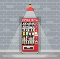 Automatic vending machine with food and drinks. Bottles and cans with drinks, chips, chocolate and other snacks. Lamp, brick wall. Vector illustration in flat style