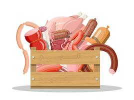 Wooden box full of meat. Chop, sausages, bacon, ham. Marbled meat beef. Butcher shop, steakhouse, farm organic products. Grocery food. Pork fresh steak. Vector illustration flat style