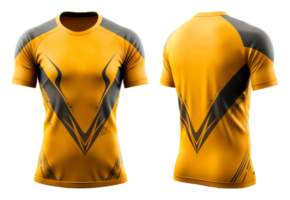 ai genererad gul sporter t-shirt svart abstrakt mönster, jersey mall design med främre och tillbaka vyer, genererad ai png