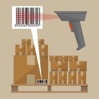 Gray barcode reader scanner with cardboard delivery boxes on wooden pallet. Vector illustration in flat design on brown background