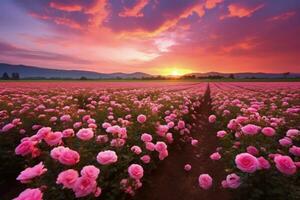 AI generated Rose field in the sunrise morning with beautiful sky photo