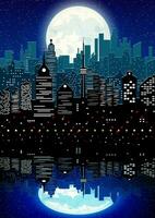 Silhouette of the city with cloudy night sky, stars and full moon and reflection in water. Vector illustration