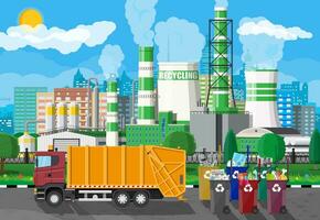 Truck for assembling, transportation garbage. Car waste disposal. Can container, bag and bucket for garbage. Recycling factory, utilization equipment. Urban cityscape. Vector illustration flat style