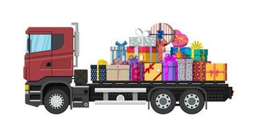 Pile of gift boxes on truck. Colorful wrapped. Sale, shopping. Present boxes different sizes with bows and ribbons. Collection for birthday and holiday. Vector illustration in flat style