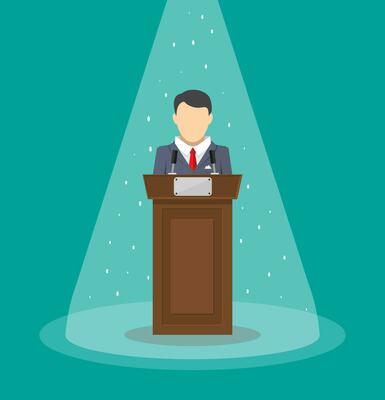 orator speaking from tribune. public speaker. vector illustration in flat style