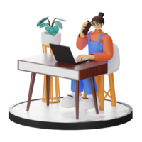 A Teenage Girl's Journey in 3D Illustration at the Computer Desk png