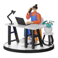 A Teenage Girl's Journey in 3D Illustration at the Computer Desk png