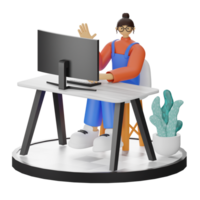 A Teenage Girl's Journey in 3D Illustration at the Computer Desk png