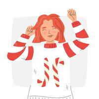 alegre Navidad hembra personaje. joven niña teniendo divertido en feo suéter con Pareja de caramelo bastones linda personaje portarit concepto diseño. rojo peludo contento mujer mano dibujado plano vector ilustración