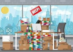 Stressed businessman in pile of office papers and documents with help sign. Stress at work. Overworked. File folders. Carton boxes. Bureaucracy, paperwork. Cityscape. Vector illustration in flat style