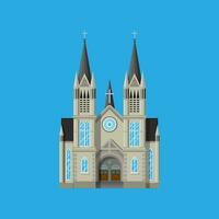 Exterior of catholic or protestant church cathedral in gothic style. Urban chapel. Tower with cross. Vector illustration in flat style