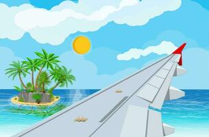 View of wing of aircraft in sky. Tropical island with palm tree in ocean. Air journey or vacation concept. Sun and clouds. Vector illustration in flat style