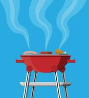 Round barbecue grill. Bbq icon. Electric grill. Chicken leg, meat steak and sausage. Device for frying food. Vector illustration in flat style