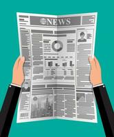 Daily newspaper in hands. News journal design. Pages with various headlines, images, quotes, text and articles. Media, journalism and press. Vector illustration in flat style.