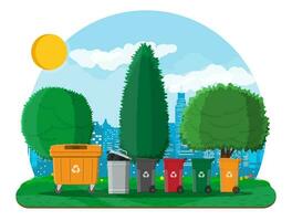 ecológico estilo de vida concepto. lata envase, bolso y Cubeta para basura. reciclaje y utilización equipo. urbano paisaje urbano con arboles verde ciudad. vector ilustración en plano estilo