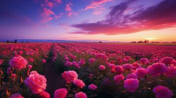 AI generated Rose field in the sunrise morning with beautiful sky photo