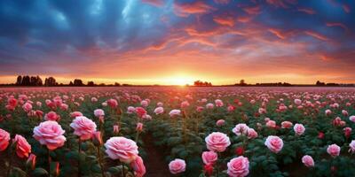 ai generado Rosa campo en el amanecer Mañana con hermosa cielo foto