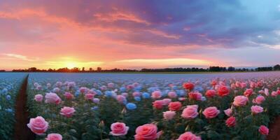 AI generated Rose field in the sunrise morning with beautiful sky photo