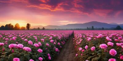 AI generated Rose field in the sunrise morning with beautiful sky photo