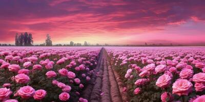 AI generated Rose field in the sunrise morning with beautiful sky photo