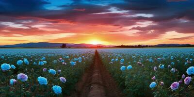 AI generated Rose field in the sunrise morning with beautiful sky photo