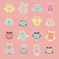 Cute funny owls sticker set. Winter characters in different clothing and various poses. Colorful vector illustration in flat cartoon style.